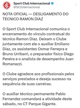 Inter de Porto Alegre oficializó la salida de Ramón Díaz tras un breve ciclo en el club